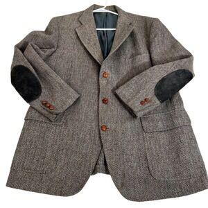 Harris Tweed Mens Herringbone Blazer Jacket  Elbow Patches Leather Buttons 44 R